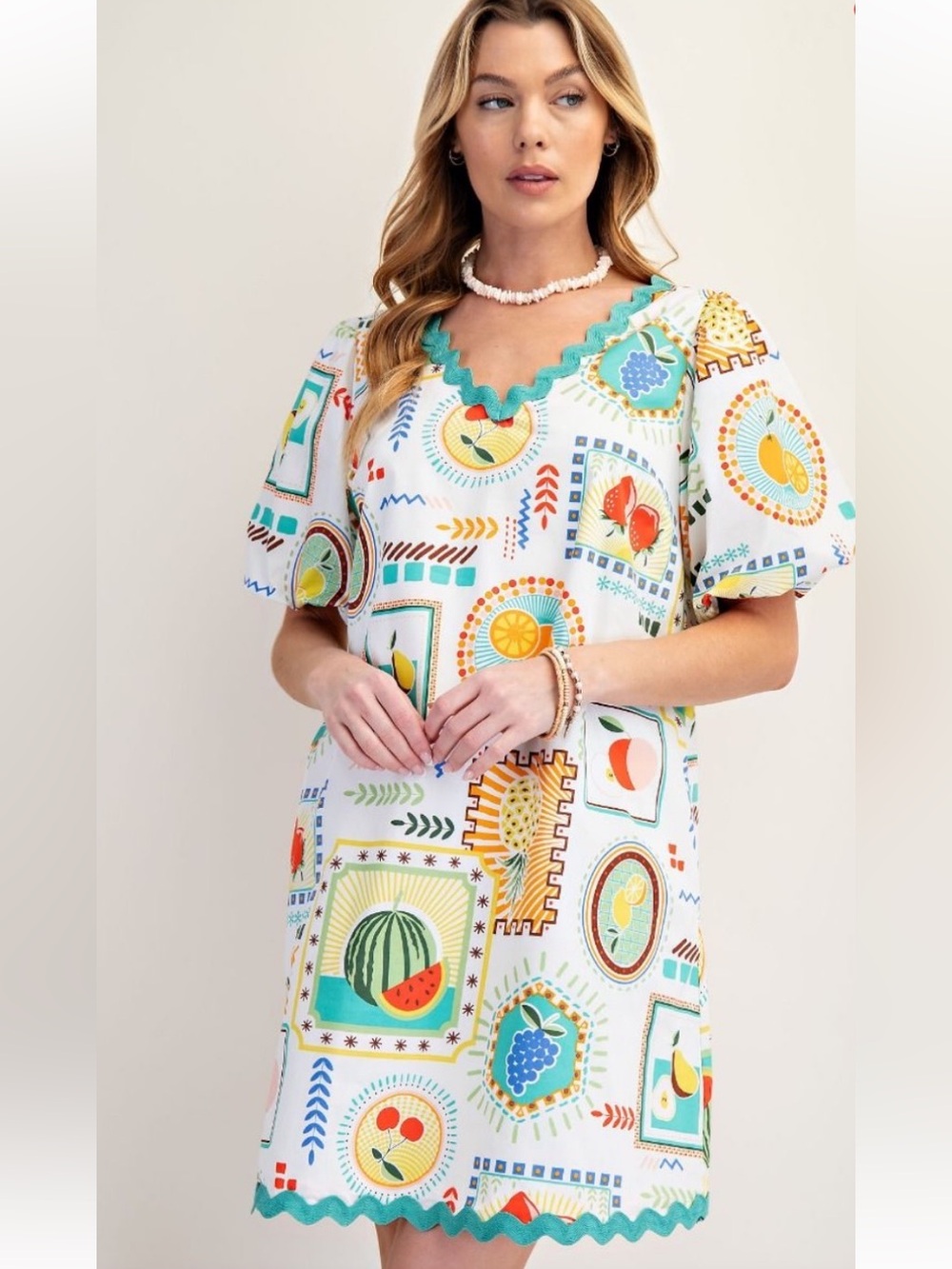 easel White Dress with Multicolor Fruit Motif